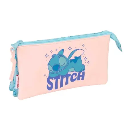 Safta Stitch Ohana Portatodo - 3 Compartimentos con Cremalleras - Bolsillo Interior - 0.6L - 220x30x120mm - Color Azul Claro | A