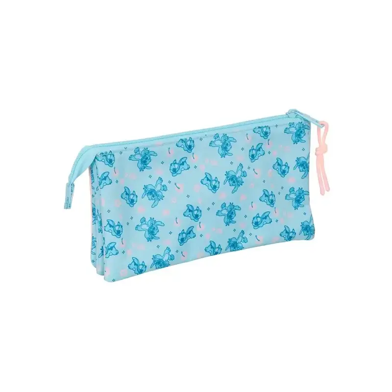 Safta Stitch Ohana Portatodo - 3 Compartimentos con Cremalleras - Bolsillo Interior - 0.6L - 220x30x120mm - Color Azul Claro | A