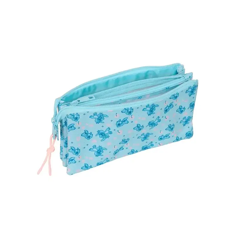 Safta Stitch Ohana Portatodo - 3 Compartimentos con Cremalleras - Bolsillo Interior - 0.6L - 220x30x120mm - Color Azul Claro | A