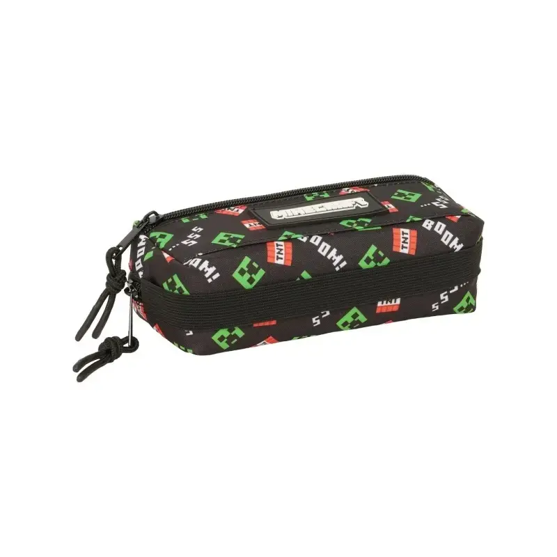 Safta Minecraft Portatodo - 3 Compartimentos con Cremalleras - Goma Elastica - 0.98L - 220x60x85mm - Color Negro | Ahorro Imprim