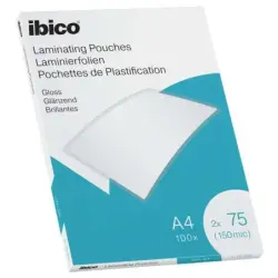 Ibico Caja de 100 Laminas de Plastificar Gloss A4 75 Micras - Acabado Cristalino de Alto Brillo - Plastifica Papel, Fotos, Tarje