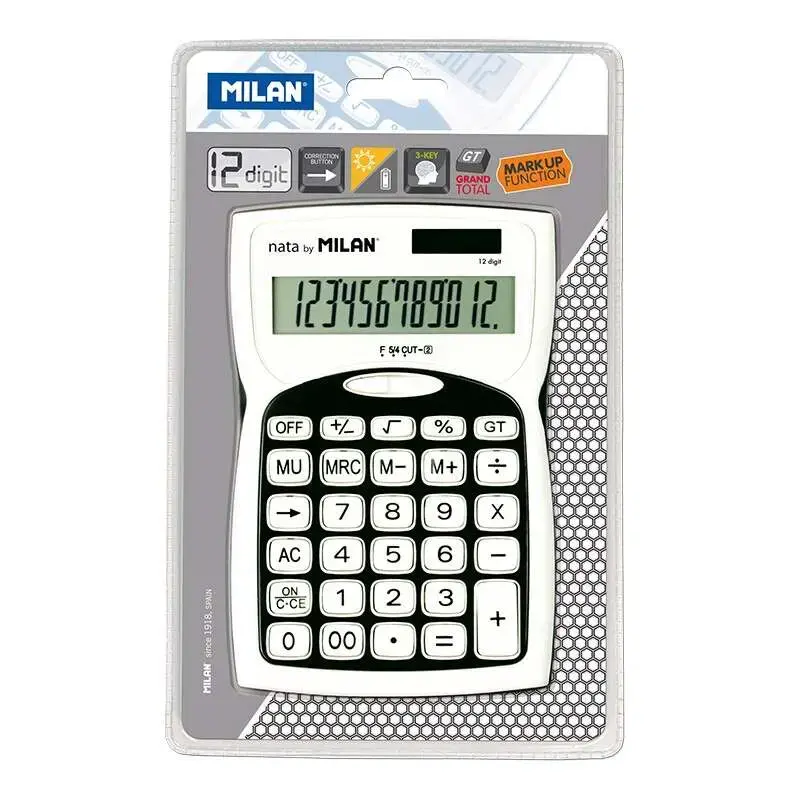 Milan Calculadoras de 12 Digitos - 3 Teclas de Memoria - Raiz Cuadrada - Calculo de Margenes - Tecla de Apagado - Color Blanco y