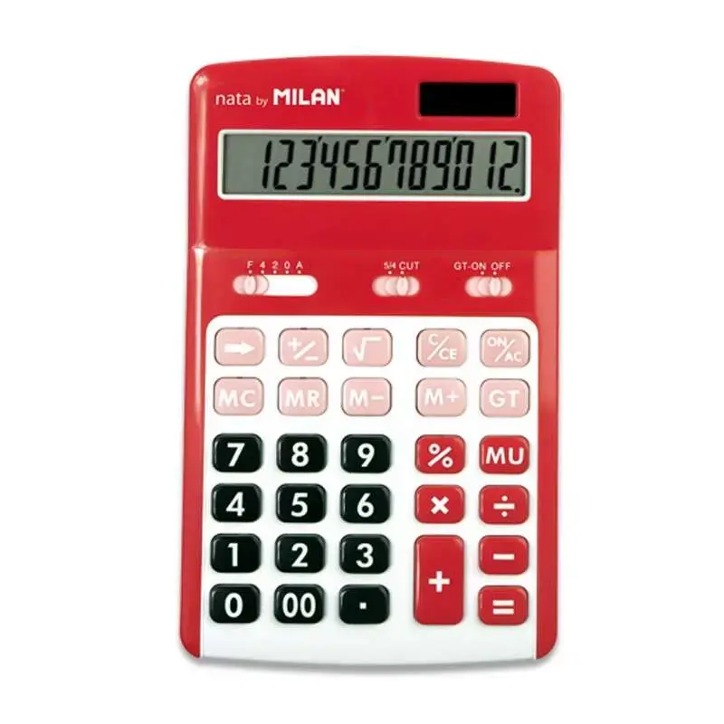 Milan Calculadoras de 12 Digitos - 3 Teclas de Memoria - Calculo de Margenes - Raiz Cuadrada - Apagado Automatico - Color Rojo y