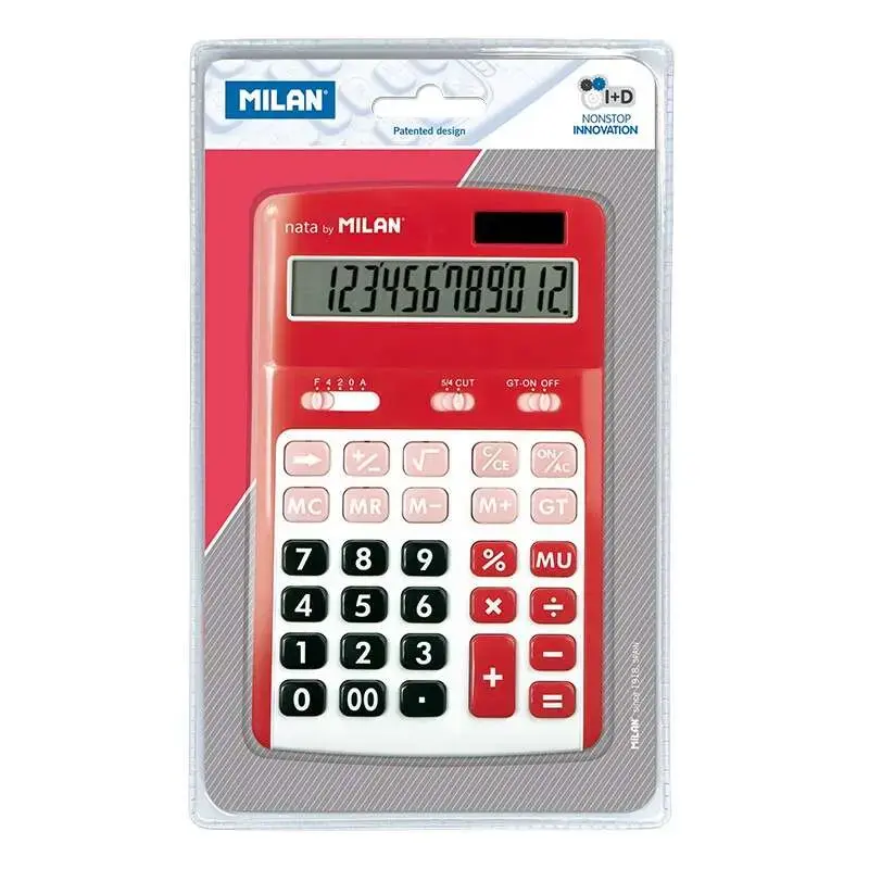 Milan Calculadoras de 12 Digitos - 3 Teclas de Memoria - Calculo de Margenes - Raiz Cuadrada - Apagado Automatico - Color Rojo y