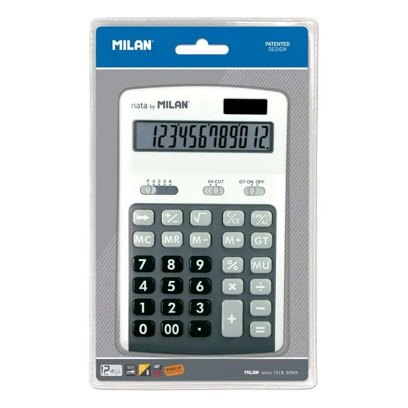 Milan Calculadoras de 12 Digitos - 3 Teclas de Memoria - Calculo de Margenes - Raiz Cuadrada - Apagado Automatico - Color Blanco