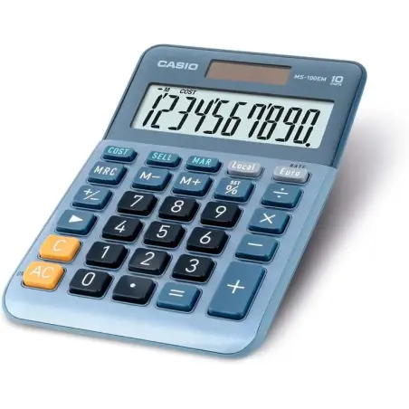 Casio MS-100EM Calculadora de Sobremesa Pequeña - Pantalla LCD de 10 Digitos - Alimentacion Solar y Pilas - Color Azul | Ahorro