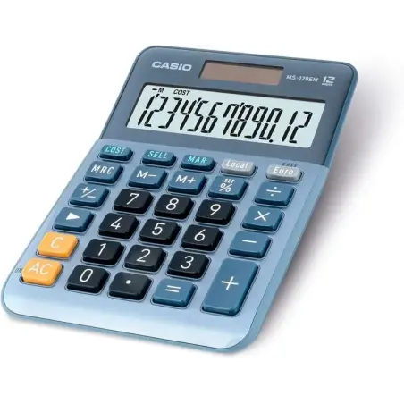 Casio MS-120EM Calculadora de Sobremesa Pequeña - Pantalla LCD de 12 Digitos - Alimentacion Solar y Pilas - Color Azul | Ahorro