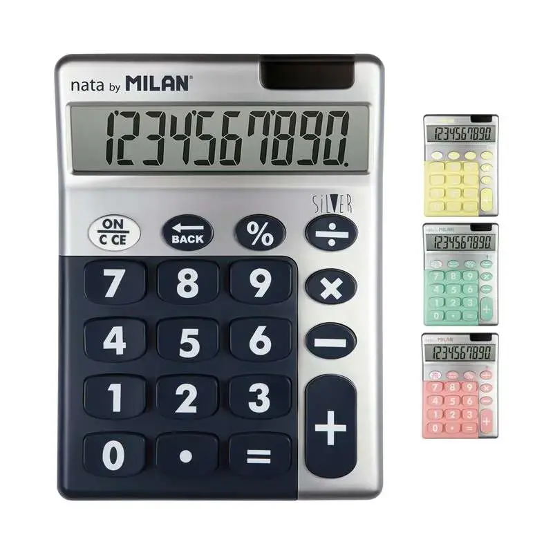 Milan Expositor de 6 Calculadoras 10 Digitos Silver - Calculadora de Sobremesa - Teclas Grandes - Tecla Rectificacion Entrada de