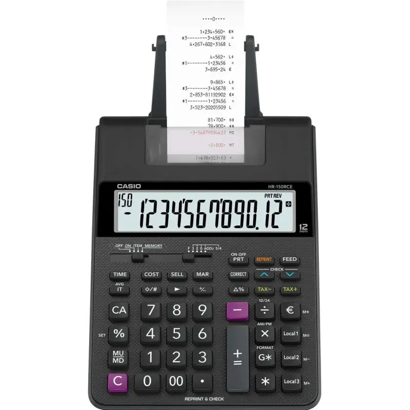 Casio HR150RCE Calculadora Impresora de Sobremesa - Pantalla de 12 Digitos - Anchura del Papel 58mm - Imprime Hora y Fecha - Ali