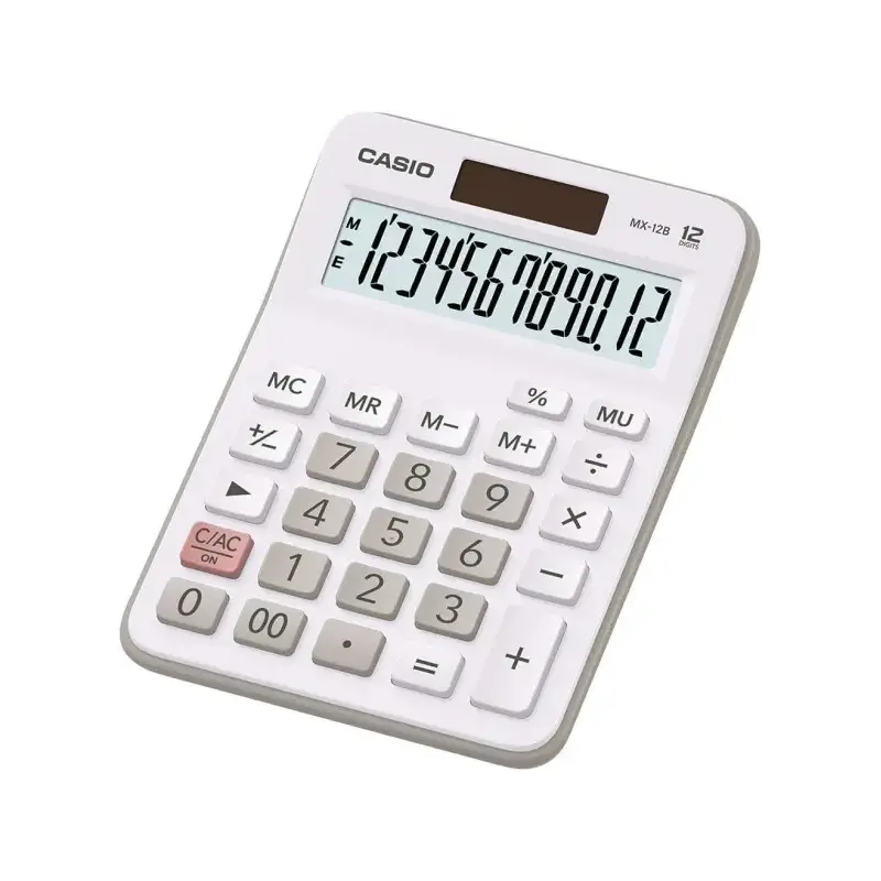 Casio MX-12B Calculadora de Escritorio Pequeña - Pantalla LCD de 12 Digitos - Solar y Pilas - Color Blanco | Ahorro Imprimiendo