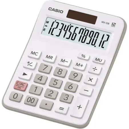 Casio MX-12B Calculadora de Escritorio Pequeña - Pantalla LCD de 12 Digitos - Solar y Pilas - Color Blanco | Ahorro Imprimiendo