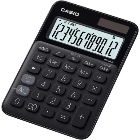 Casio MS-20UC Calculadora de Sobremesa Pequeña - Pantalla LCD de 12 Digitos - Alimentacion Solar y Pilas - Color Negro | Ahorro
