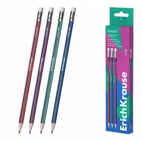 Erichkrause Sonata Lapiz de Grafito HB Triangular con Goma de Borrar - Facil Afilado - No Araña el Papel - Madera Seleccionada -