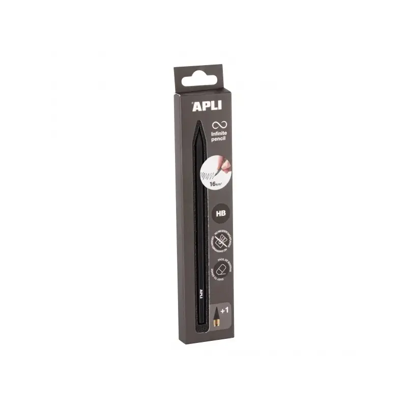 Apli Infinite Pencil Pack de Lapiz Infinito HB + Mina de Recambio + Tapon Protector - Para Escribir hasta 16km - Color Negro | A