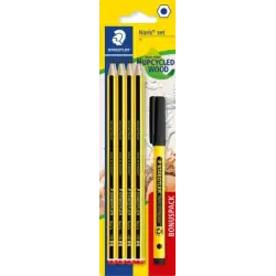 Staedtler Noris 120 Pack con 8 Lapices de Grafito Hexagonales HB + 1 Fineliner Noris Writing Pen 307 Negro - Resistencia a la Ro