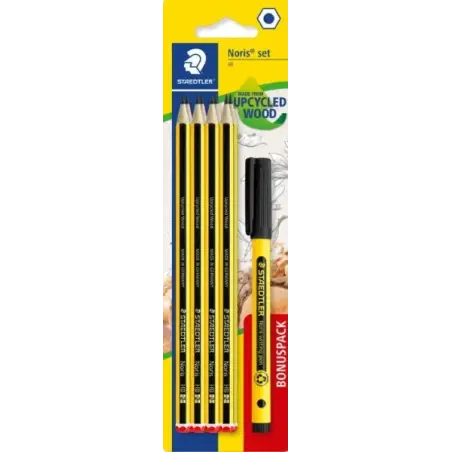 Staedtler Noris 120 Pack con 8 Lapices de Grafito Hexagonales HB + 1 Fineliner Noris Writing Pen 307 Negro - Resistencia a la Ro