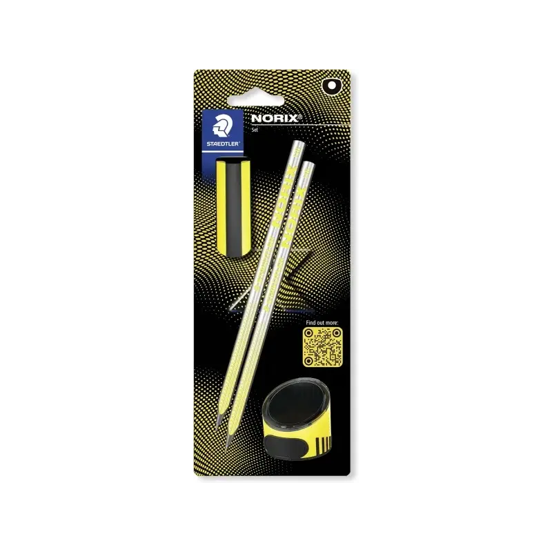 Staedtler Norix Pack de 2 Lapices de Grafito HB + Borrador + Sacapuntas - Madera Negra - Diseño Inteligente | Ahorro Imprimiendo