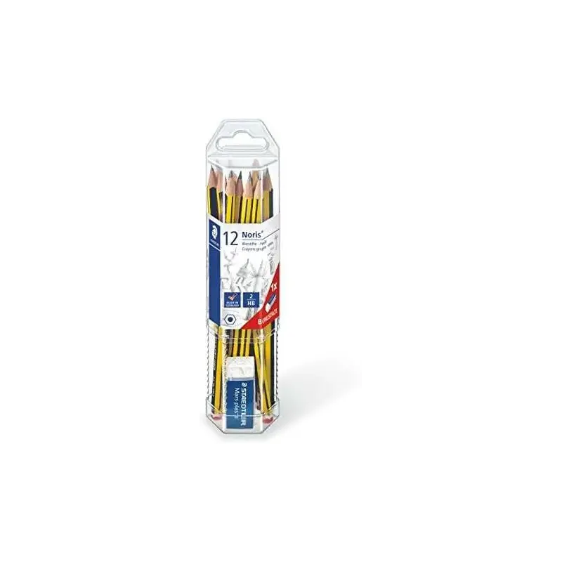 Staedtler Noris 120 Pack de 12 Lapices de Grafito Hexagonales + Goma de Borrar - Mina HB Ultrarresistente de 2mm - Madera de Bos