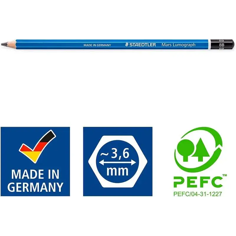 Staedtler Mars Lumograph 100 Lapiz de Grafito Hexagonal - Mina 8B - Resistencia a la Rotura - Madera de Bosques Sostenibles | Ah