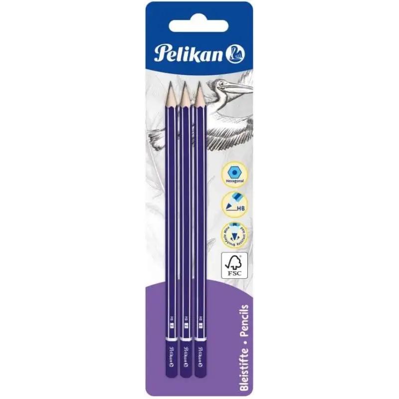 Pelikan Blister de 3 Lapices de Madera HB - Punta de Grafito - Cuerpo Barnizado - Seccion Hexagonal - Mina Resistente | Ahorro I