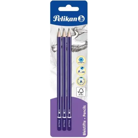 Pelikan Blister de 3 Lapices de Madera HB - Punta de Grafito - Cuerpo Barnizado - Seccion Hexagonal - Mina Resistente | Ahorro I