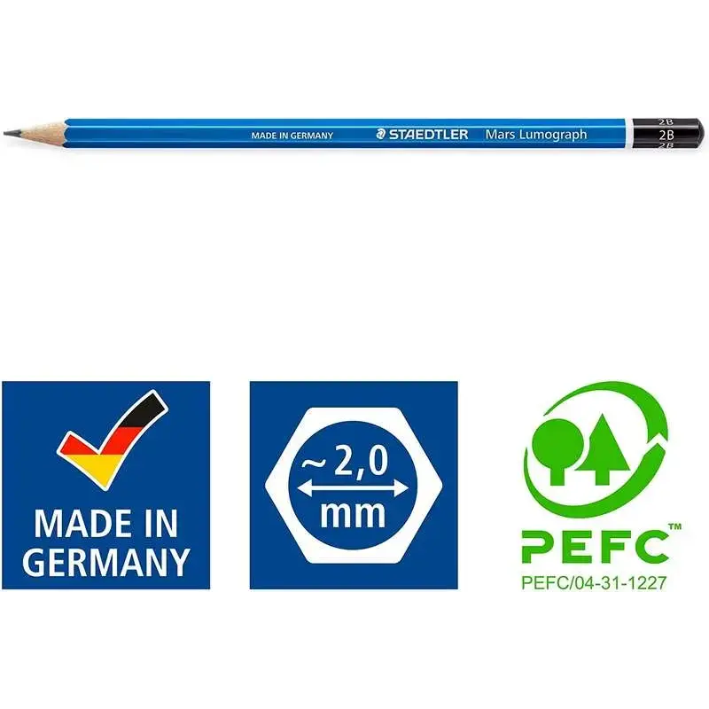Staedtler Mars Lumograph 100 Lapiz de Grafito Hexagonal - Mina 2B - Resistencia a la Rotura - Madera de Bosques Sostenibles | Ah
