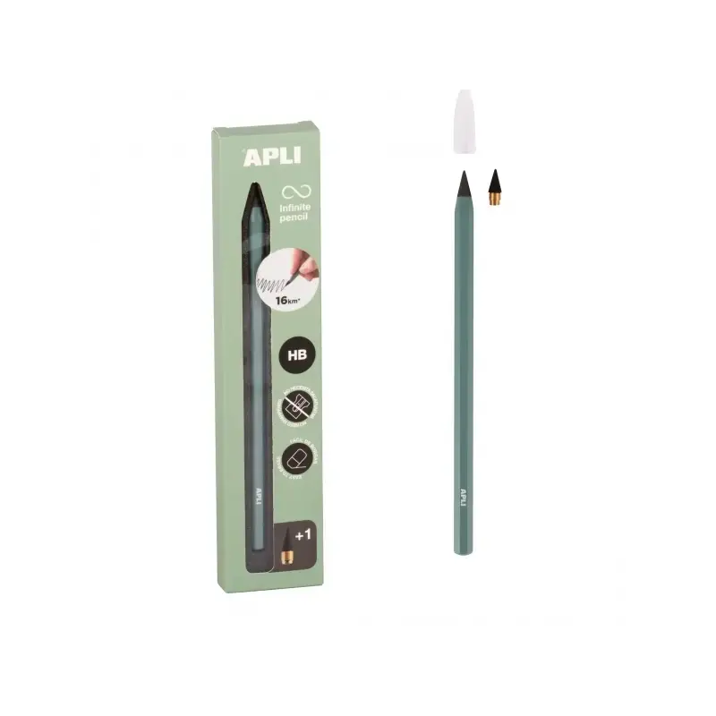 Apli Infinite Pencil Pack de Lapiz Infinito HB + Mina de Recambio + Tapon Protector - Para Escribir hasta 16km - Color Verde | A