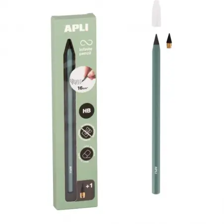 Apli Infinite Pencil Pack de Lapiz Infinito HB + Mina de Recambio + Tapon Protector - Para Escribir hasta 16km - Color Verde | A
