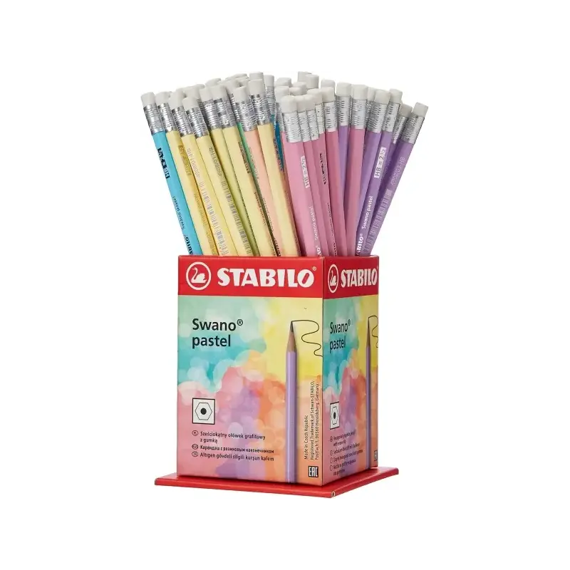 Stabilo Swano Pastel Expositor con 72 Lapices de Grafito HB de 2.2mm con Goma - Mina Antirrotura - Forma Hexagonal - Colores Pas