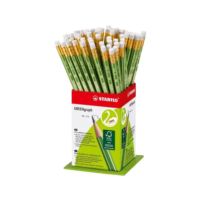 Stabilo GREENgraph Expositor con 60 Lapices de Grafito con Goma - Mina HB 2.2mm - 100% Madera Cultivada de Forma Sostenible - Cu