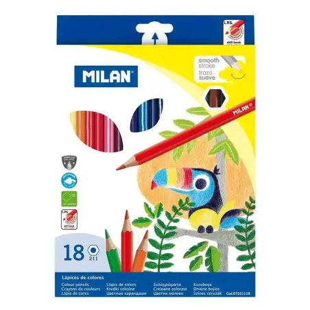 Milan Pack de 18 Lapices Hexagonales de Colores - Mina 2.9mm - Trazo Uniforme - Resistente a la Rotura - Colores Surtidos | Ahor