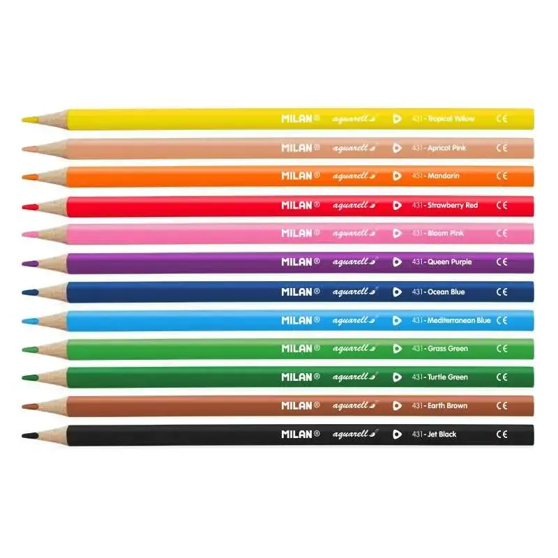 Milan Pack de 12 Lapices Triangulares de Colores Acuarelables + Pincel - Mina 2.9mm - Trazo Uniforme - Resistente a la Rotura -