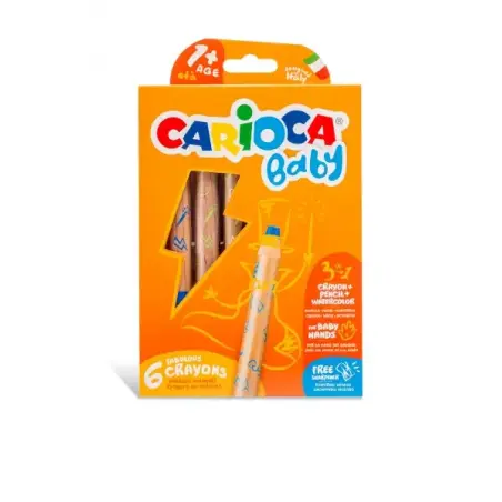 Carioca Baby 1+ 3In1 Pack de 6 Lapices - Lapiz Cera y Acuarela en Uno - Cuerpo Extragrande - Acuarelables - Sacapuntas Incluido