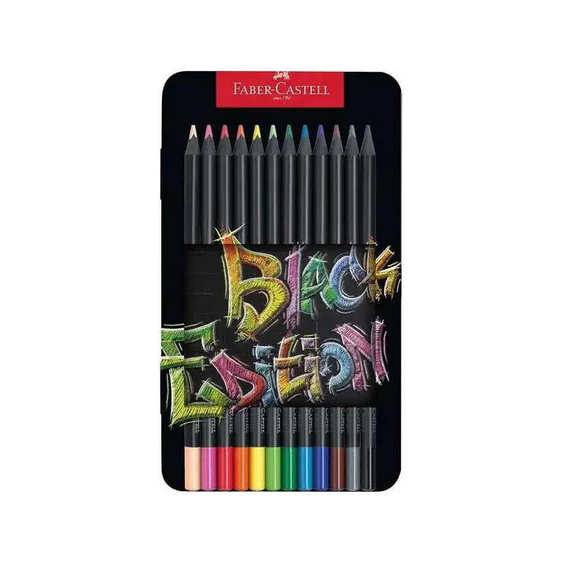 Faber-Castell Black Edition Caja Metalica de 12 Lapices de Colores - Mina Supersuave - Madera Negra - Ideales para Dibujo sobre
