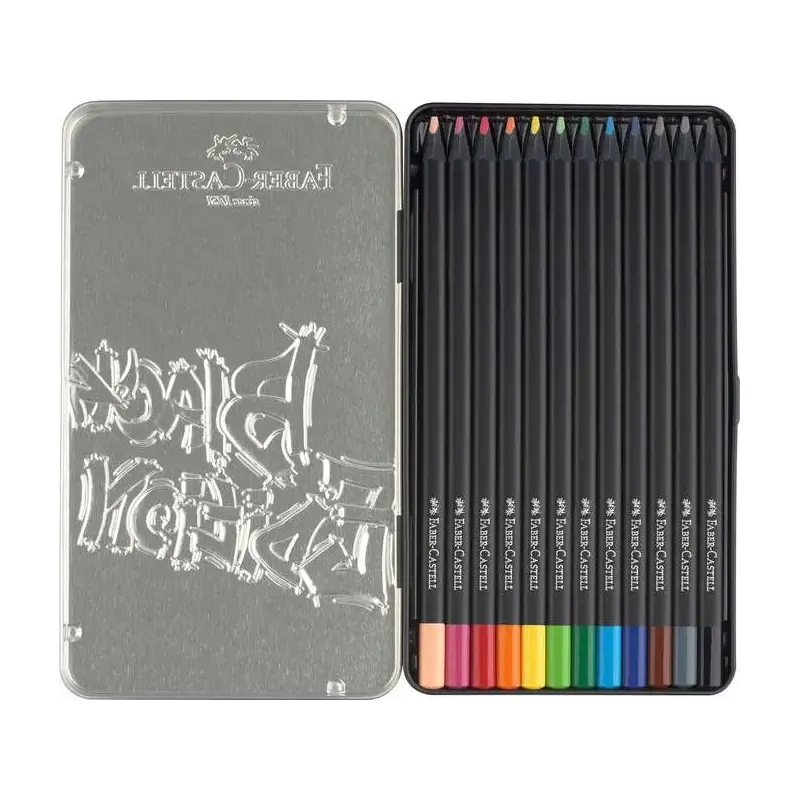 Faber-Castell Black Edition Caja Metalica de 12 Lapices de Colores - Mina Supersuave - Madera Negra - Ideales para Dibujo sobre