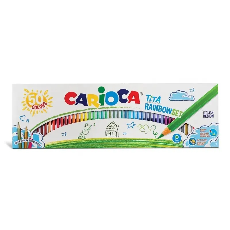 Carioca Tita Rainbow Set Pack de 50 Lapices Hexagonales de Colores - Mina Ø 3mm - Colores Brillantes y Lavables - Escritura Blan
