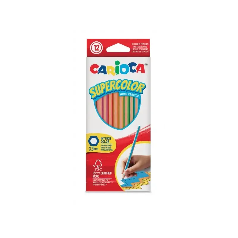 Carioca Supercolor Pack de 12 Lapices de Colores - Cuerpo de Madera Hexagonal - Colores Intensos y Gran Opacidad - Mina de 3.3mm