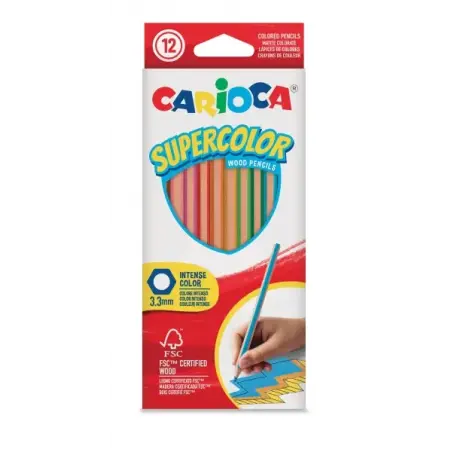 Carioca Supercolor Pack de 12 Lapices de Colores - Cuerpo de Madera Hexagonal - Colores Intensos y Gran Opacidad - Mina de 3.3mm