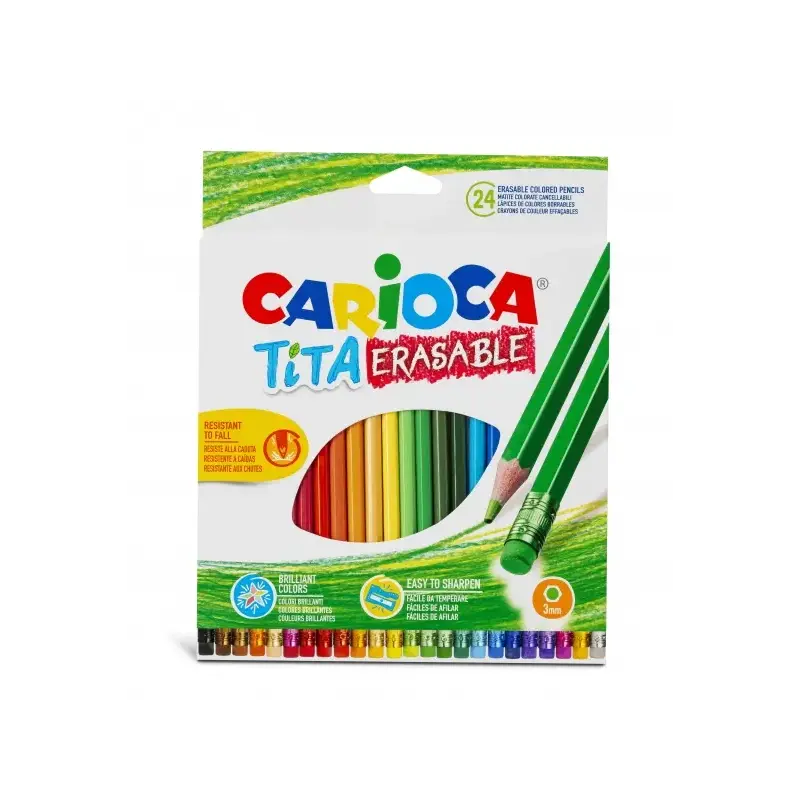 Carioca Tita Pack de 24 Lapices Borrables de Resina - Cuerpo Hexagonal - Colores Brillantes y Lavables - Escritura Blanda - Mina