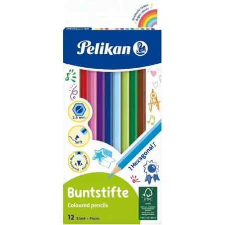 Pelikan Caja de 12 Lapices de Colores Hexagonales Lacados - Mina Antirotura - Certificacion FSC | Ahorro Imprimiendo