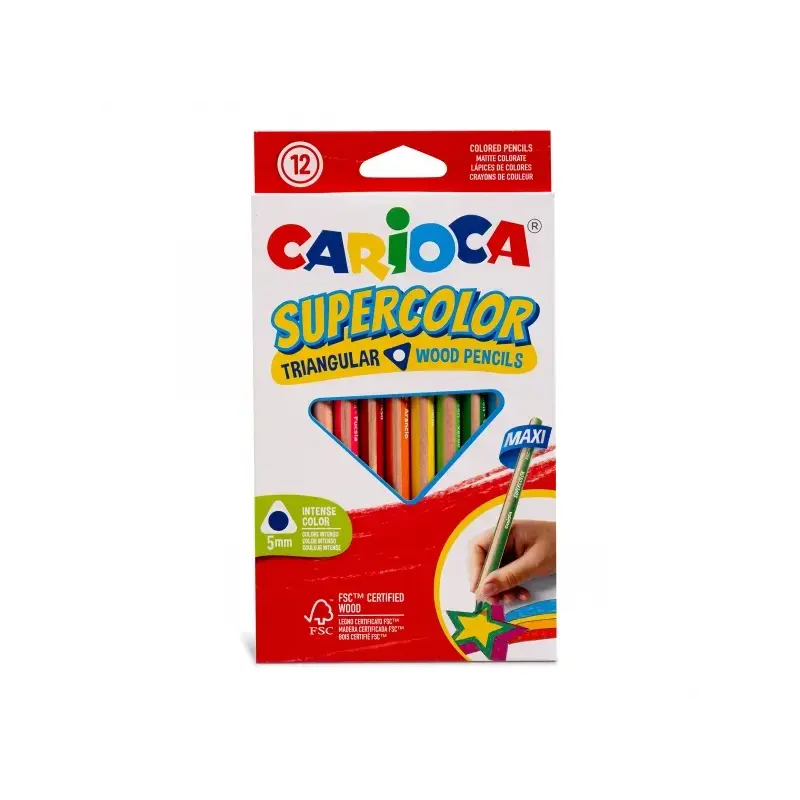 Carioca Supercolor Pack de 12 Lapices de Madera - Cuerpo Triangular Maxi - Colores Intensos y Gran Opacidad - Lapizgrueso Ø 5mm