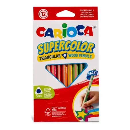 Carioca Supercolor Pack de 12 Lapices de Madera - Cuerpo Triangular Maxi - Colores Intensos y Gran Opacidad - Lapizgrueso Ø 5mm