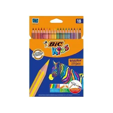 Bic Kids Evolution Stripes Caja de 18 Lapices de Colores surtidos - Fabricados en Resina - Punta Ultraresistente - Mina Pigmenta