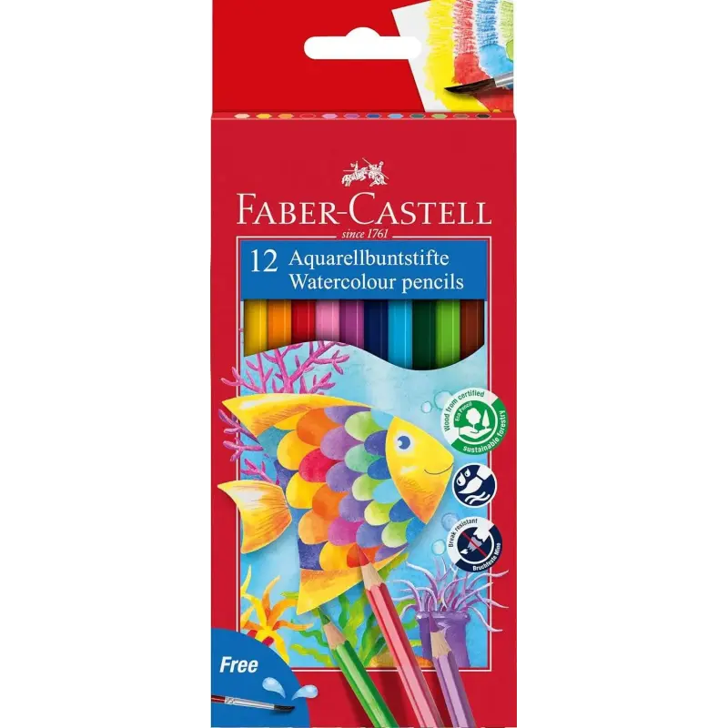 Faber-Castell Classic Colour Acuarelable Pack de 12 Lapices de Colores Hexagonales Acuarelables + Pincel - Resistencia a la Rotu