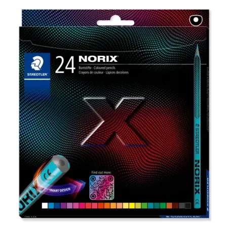 Staedtler Norix 186 Pack de 24 Lapices de Colores HB - Madera Negra - Mina de Grafito - Diseño Inteligente - Para Escribir, Dibu