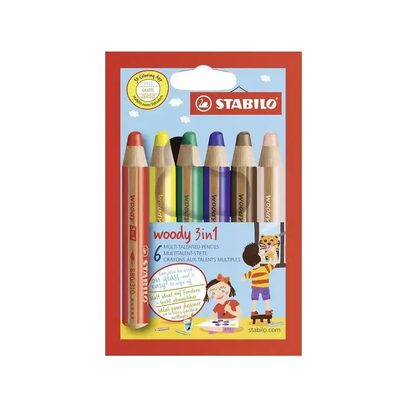 Stabilo Woody 3 en 1 Pack de 6 Lapices de Colores - Lapiz de Color, Cera y Acuarela, Todo en Uno - Mina XXL 10mm - Colores Surti