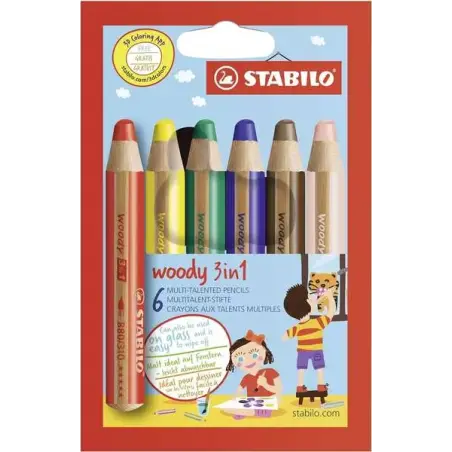 Stabilo Woody 3 en 1 Pack de 6 Lapices de Colores - Lapiz de Color, Cera y Acuarela, Todo en Uno - Mina XXL 10mm - Colores Surti