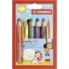 Stabilo Woody 3 en 1 Pack de 6 Lapices de Colores - Lapiz de Color, Cera y Acuarela, Todo en Uno - Mina XXL 10mm - Colores Surti