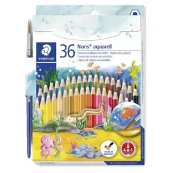 Staedtler Noris Aquarell Pack de 36 Lapices Hexagonales de Colores + Pincel - Refuerzo de Mina para Mayor Resistencia a la Rotur