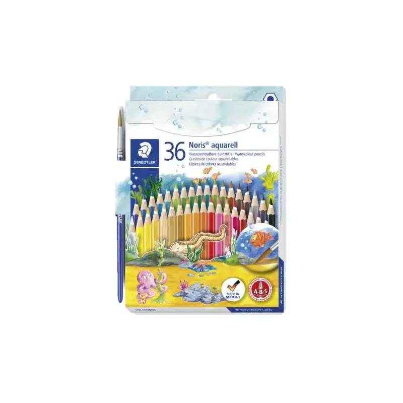 Staedtler Noris Aquarell Pack de 36 Lapices Hexagonales de Colores + Pincel - Refuerzo de Mina para Mayor Resistencia a la Rotur